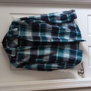 Lands End Women's Flannel Shirt blue green 10Tall Medium